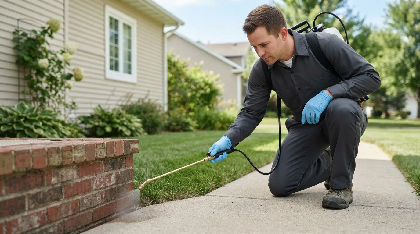 Pest control technician treating a home near Ludlow Falls, OH