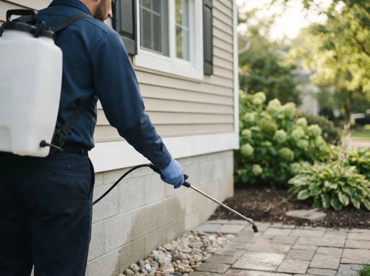 Pest control technician inspecting a home in Ludlow Falls, OH
